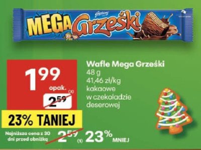 Wafle Mega Grzeski kakaowe w czekoladzie deserowej promocja w Delikatesy Centrum