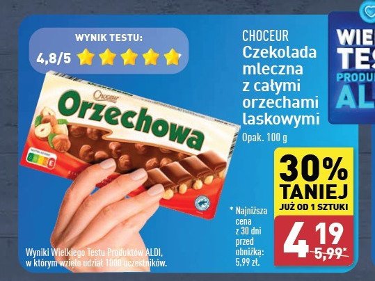 Czekolada mleczna z całymi orzechami laskowymi Choceur promocja w Aldi