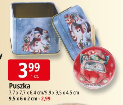 Puszka 7,7 x 7,7 x 6,4 cm/9,9 x 9,5 x 4,5 cm (9,5 x 6 x 2 cm - 2,99) promocja w Leclerc