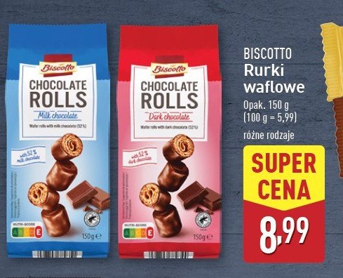 Rurki waflowe w czekoladzie gorzkiej Biscotto promocja w Aldi