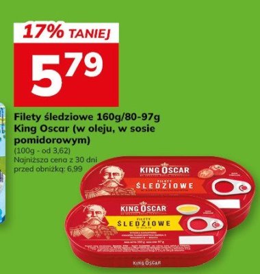 Filety śledziowe 160g/80-97g King Oscar (w oleju, w sosie pomidorowym) promocja w Hitpol