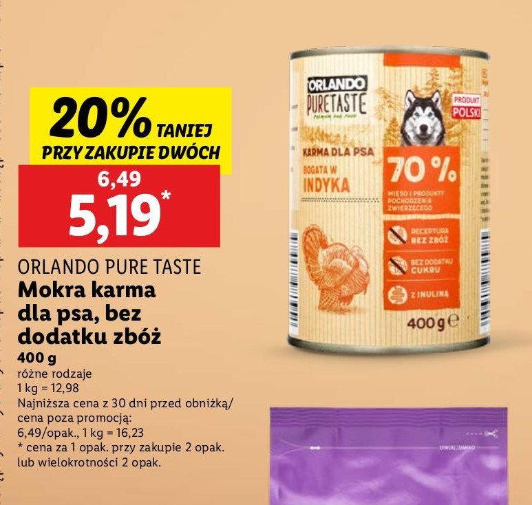 Karma dla psów pure taste z indykiem Orlando promocja w Lidl