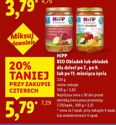 Obiadek HiPP BIO dla dzieci po 7., po 9. lub po 11. miesiącu życia promocja w Lidl