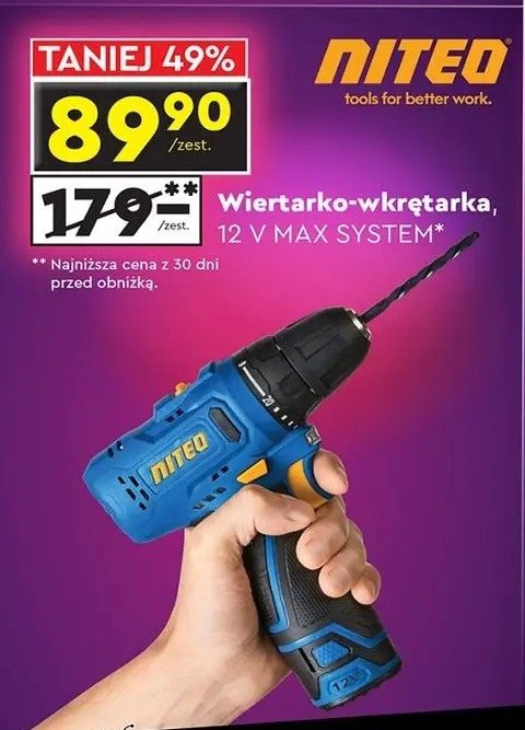 Wiertarko-wkrętarka akumulatorowa 12 v max Niteo tools promocja w Biedronka