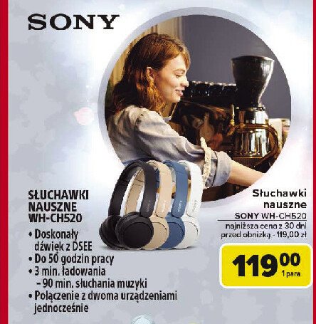 Słuchawki wh-ch520 niebieskie Sony promocja w Carrefour