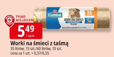 Worki na śmieci z taśmą Elembal 35 litrów 15 szt. promocja w Leclerc
