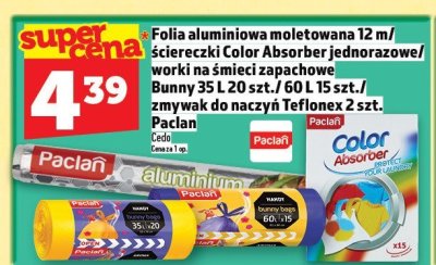 Folia aluminiowa moletowana 12 m / ściereczki Color Absorber jednorazowe / worki na śmieci Bunny 35 L 20 szt. / 60 L 15 szt. / zmywak do naczyń Teflonex 2 szt. promocja w TOPAZ
