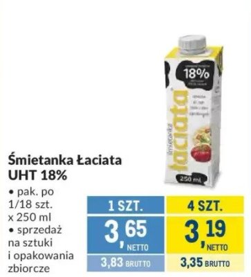 Śmietanka Łaciate UHT 18% promocja w Makro