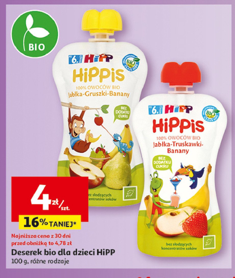 Mus owocowy jabłka-gruszki-banany Hipp hippis promocja w Auchan