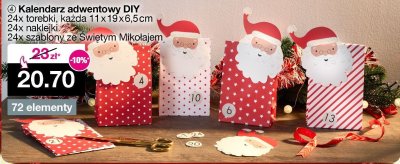 Kalendarz adwentowy DIY 24x torebki, każda 11x19x6,5cm, 24x naklejki, 24x szablony ze Świętym Mikołajem promocja w Woolworth