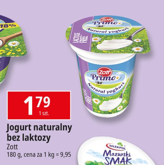 Jogurt naturalny bez laktozy Zott primo promocja w Leclerc