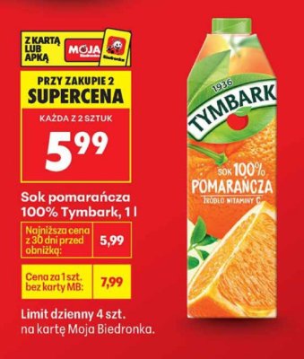 Sok pomarańczowy 100% 1l promocja w Biedronka