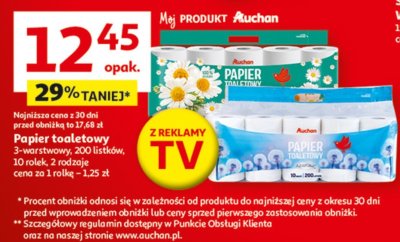 Papier toaletowy Auchan 3-warstwowy, 200 listków, 10 rolek, 2 rodzaje promocja w Auchan