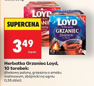 Herbatka Grzaniec Loyd, 10 torebek: śliwkowy palony, grzeszny o smaku malinowym, zbójnicki na ogniu promocja w Biedronka
