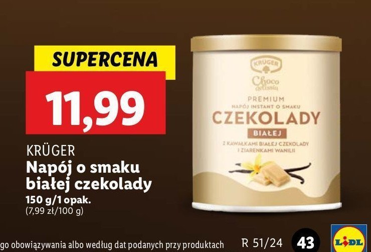 Napój o samku białej czekolady Kruger promocja w Lidl