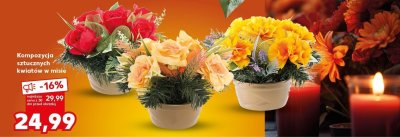 Kompozycja sztucznych kwiatów w misie promocja w Kaufland