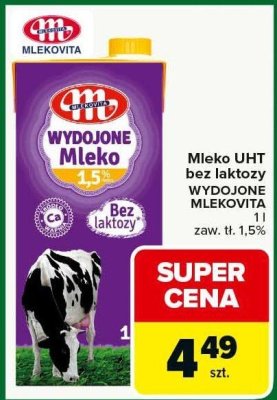 Mleko UHT bez laktozy WYDOJONE MLEKOVITA 1l zaw. tł. 1,5% promocja w Carrefour Market