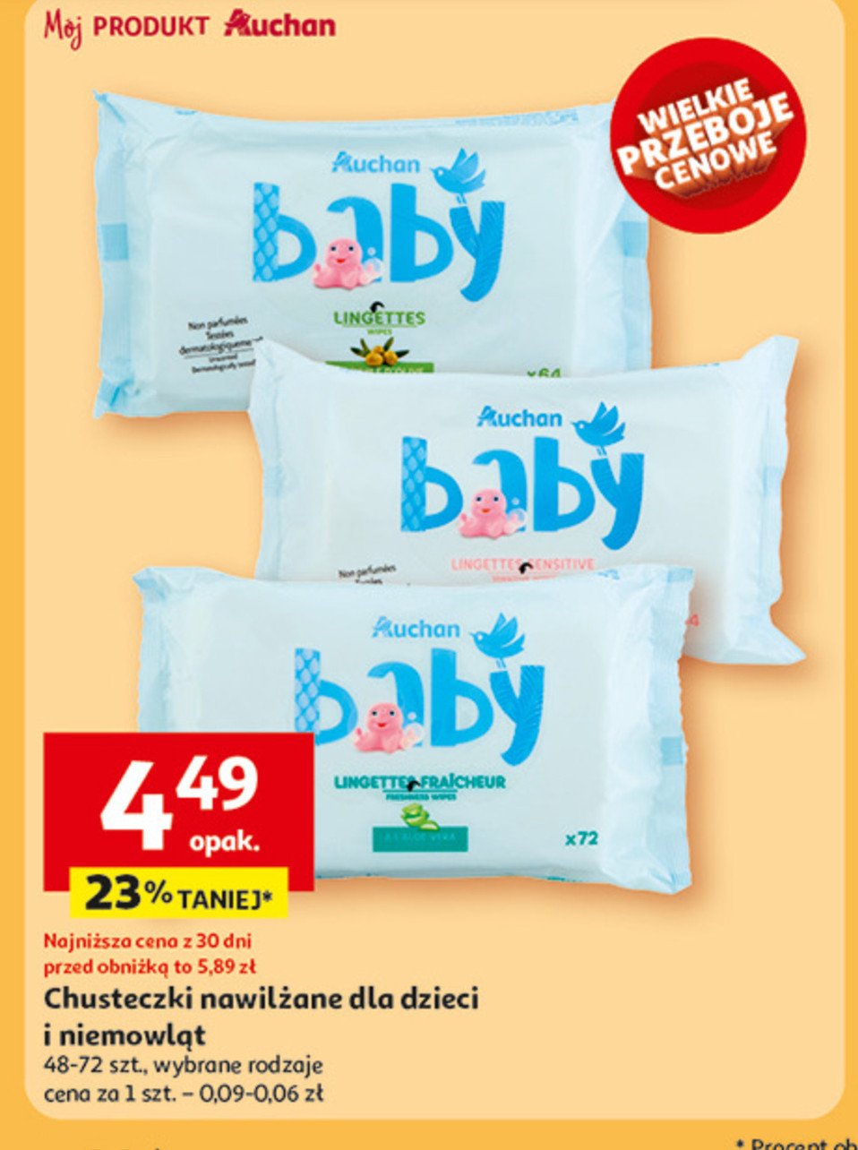 Chusteczki nawilżane aloe vera Auchan baby promocja w Auchan