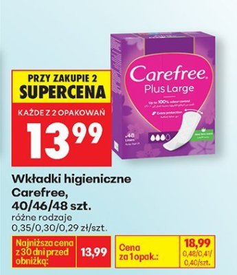 Wkładki higieniczne Carefree 40/46/48 szt. różne rodzaje promocja w Biedronka