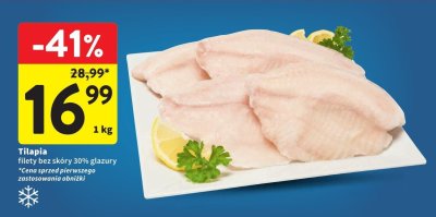Tilapia filety bez skóry 30% glazury promocja w Intermarche