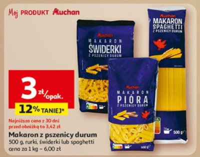 Makaron z pszenny durum, rurki, świderki lub spaghetti Auchan promocja w Auchan