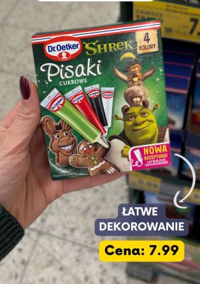 Pisaki cukrowe Dr. Oetker Shrek do dekoracji pierniczków 4 kolory promocja w Kaufland