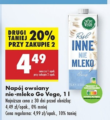 Napój roślinny nie-mleko owies Govege promocja