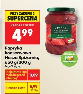 Papryka konserwowa Nasza Spiżarnia, 650 g/300 g promocja w Biedronka