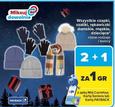 Czapki, szaliki, rękawiczki damskie, męskie, dziecięce różne rodzaje i kolory promocja w Carrefour Market