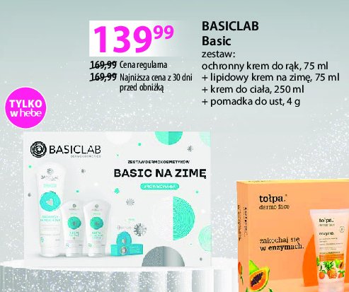 Zestaw w pudełku basic: krem do rąk 75 ml + krem na zimę 75 ml + krem do ciała 250 ml + pomadka do ust 4 g Basiclab zestaw promocja w Hebe