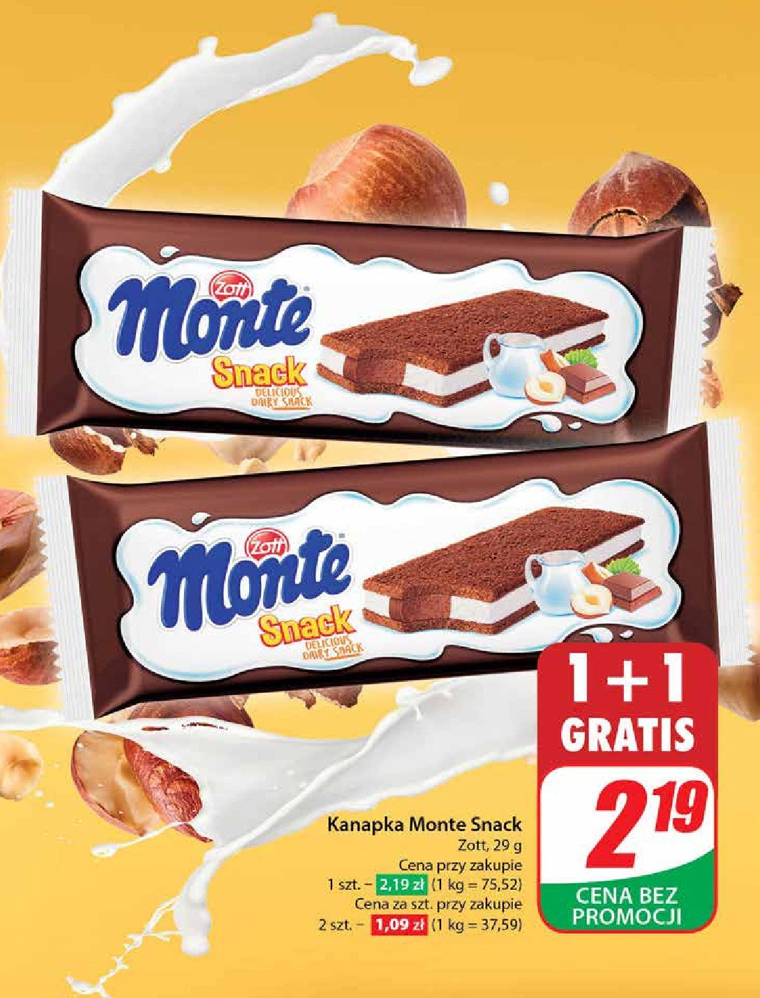 Zott Monte Snack - baton mleczny promocja w Dino