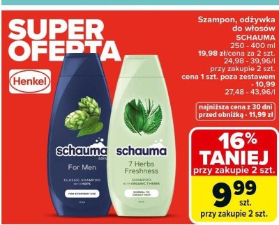 Szampon, odzywka do włosów SCHAUMA For Men promocja w Carrefour