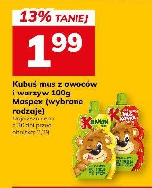 Kubuś mus z owoców i warzyw 100g Maspex (wybrane rodzaje) promocja w Hitpol