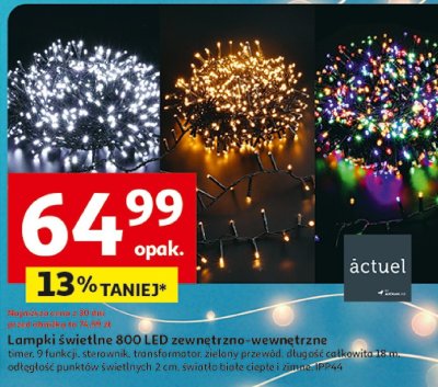 Lampki świetlne 800 LED zewnętrzno-wewnętrzne timer, 9 funkcji, stowalik, transformator, zielony przewód, długość całkowita 18 m, odległość punktów świetlnych 2 cm, światło białe ciepłe i zimne promocja w Auchan