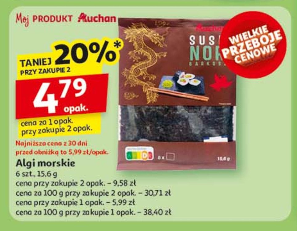 Algi morskie sushi nori Auchan różnorodne (logo czerwone) promocja w Auchan