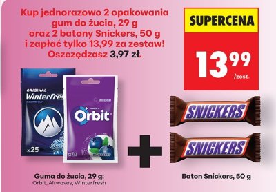 Zestaw: 2x guma do żucia Orbit, Airwaves lub Winterfresh + 2x Baton Snickers promocja w Biedronka