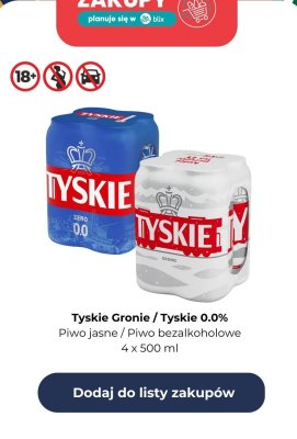 Piwo bezalkoholowe Tyskie 0.0% 4 x 500 ml promocja w Dino