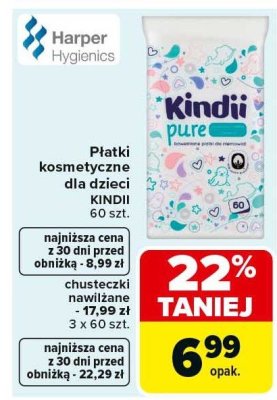 Chusteczki nawilżane Kindii Pure płatki kosmetyczne dla dzieci promocja w Carrefour Market