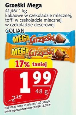 Baton Grześki Mega kakaowe w czekoladzie mlecznej, toffi w czekoladzie mlecznej, w czekoladzie deserowej COLIAN promocja w Prim Market