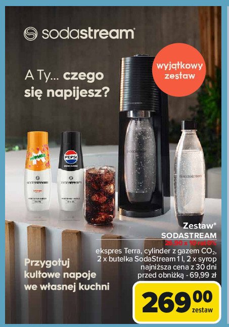 Zestaw: urządzenie terra black + 2 x butelki 1 l + cylinder + syrop pepsi max + syrop mirinda Sodastream promocja w Carrefour