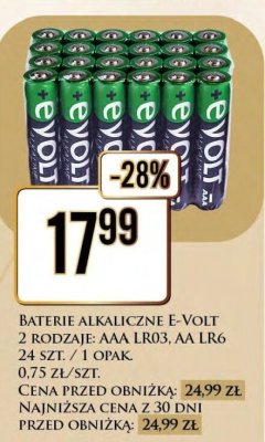 Baterie alkaliczne E-Volt 2 rodzaje: AAA LR03, AA LR6 24 szt. promocja w Dino