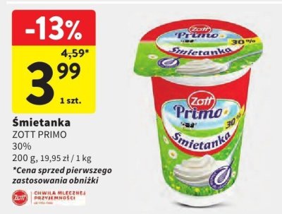 Śmietanka ZOTT PRIMO 30% promocja w Intermarche