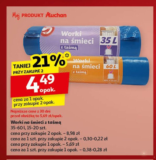 Worki na śmieci z taśmą  60 l Auchan promocja w Auchan