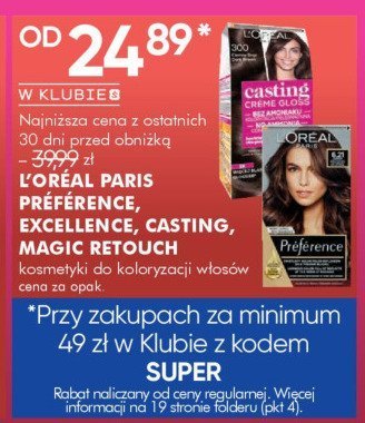 Kosmetyki do koloryzacji włosów L'ORÉAL PARIS PRÉFÉRENCE, EXCELLENCE, CASTING, MAGIC RETOUCH promocja w Super-Pharm