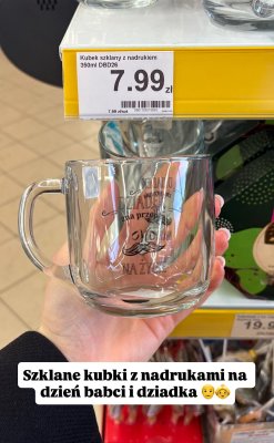 Kubek szklany z nadrukiem Dzień Babci promocja w Dino