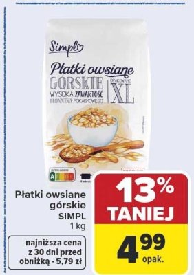 Płatki owsiane górskie 1kg Simpl promocja w Carrefour Market