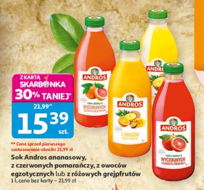 Sok Andros ananasowy, z czerwonych pomarańczy, z owoców egzotycznych promocja w Auchan