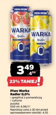 Piwo Warka Radler 0,0% grejpfrut z pomarańczą cytryna puszka promocja w Netto
