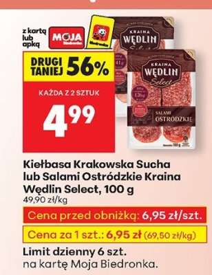 Kiełbasa Krakowska Sucha lub Salami Staropolskie Kraina Wędlin Select 100 g promocja w Biedronka