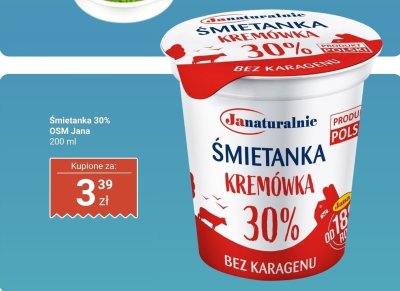 Śmietanka 30% OSM Jana promocja w Dino